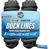 Premium Nylon Boat Dock Lines & Ropes for Docking & Pontoon | Double Braided Marine Rope | Boat Ropes for Docking with Loop | UV & Saltwater Resistant Dock Rope (Black, 1/2” x 20’)