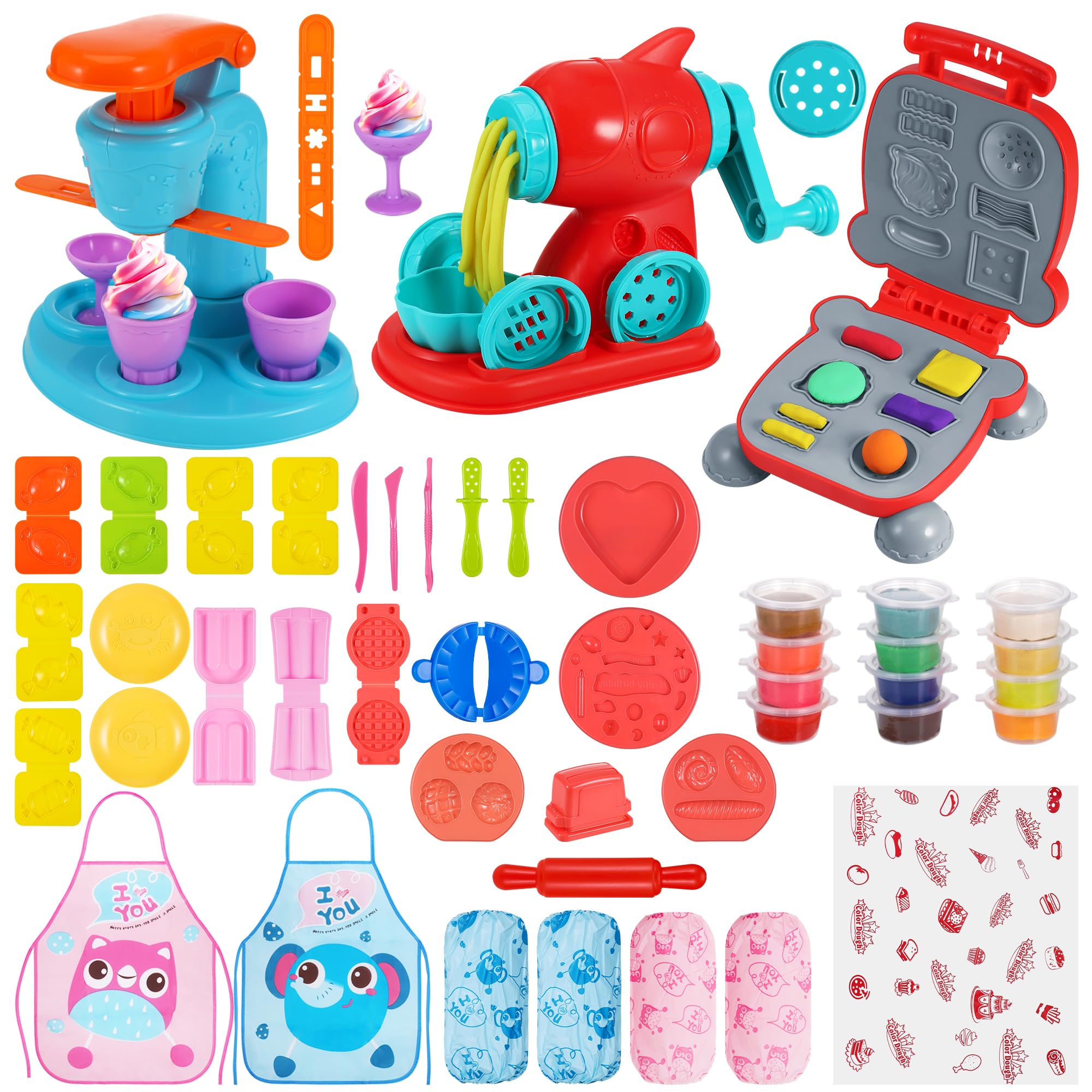 Yimomoyi 3 in 1 Play Color Dough Kitchen Creations Set, Play Color Dough Set for Kids, Ice Cream Noodle Hamburger Maker Machine, Deluxe Dough Tools Kit for Kids 3 years+(12 Colors Dough+Aprons)