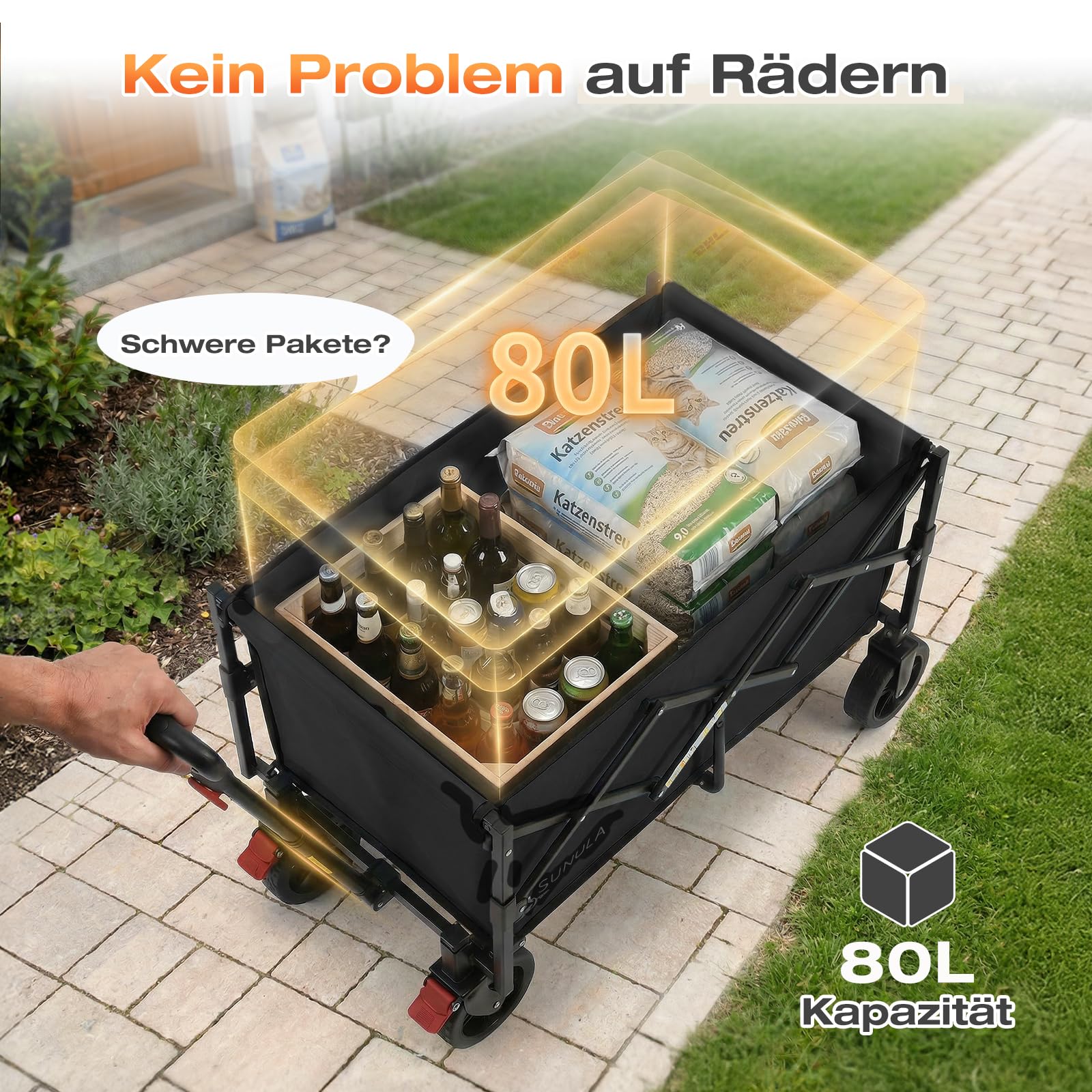 SUNULA Bollerwagen Faltbar Klein 80L 100KG, Faltbarer Bollerwagen Klappbarer Handwagen mit Halbiertem Eigengewicht, Faltbollerwagen Geländegängig mit Bremsen, Schwarz 3