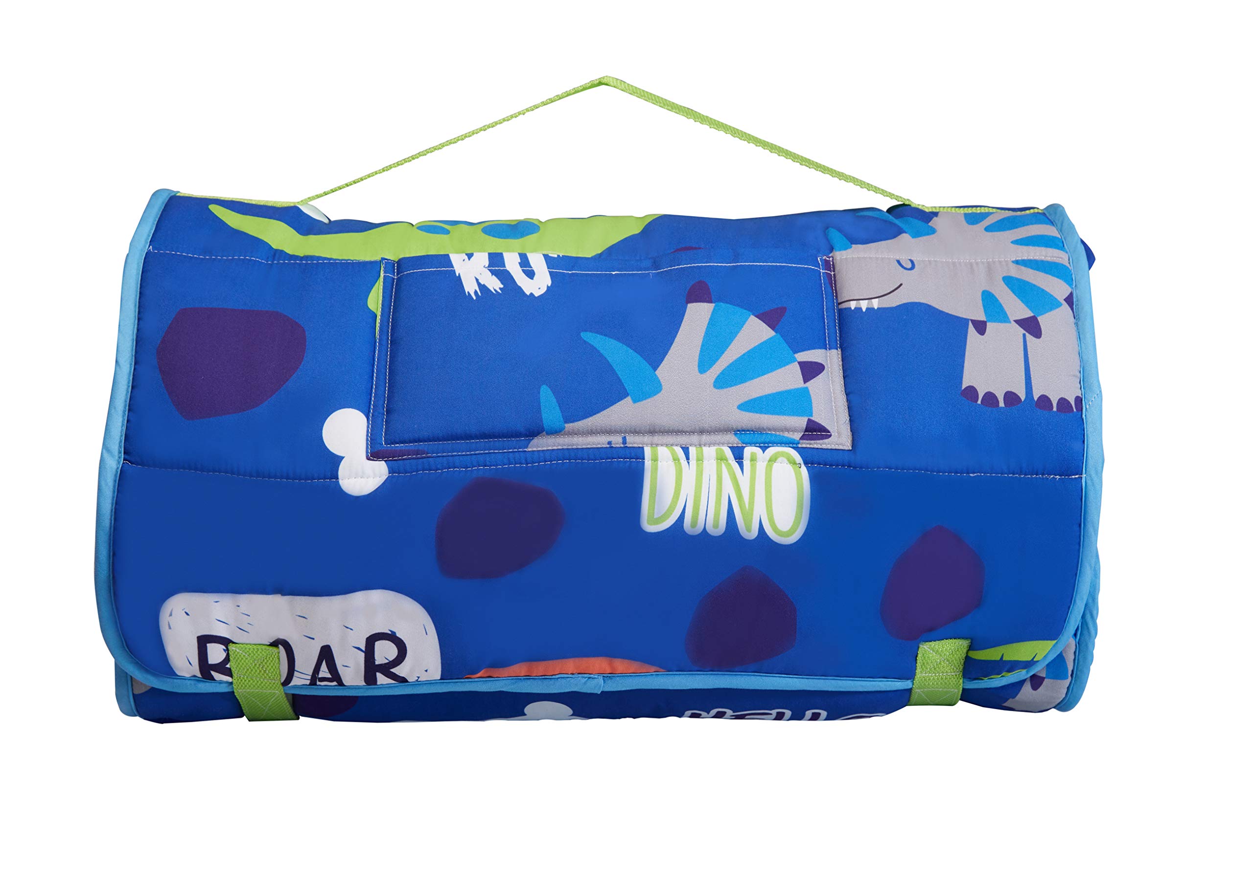 EVERYDAY KIDS Nap Mat with Removable Pillow - Roarin' Dinos - Carry Handle with Straps Closure, Rollup Design, Soft Microfiber for Preschool, Daycare, Travel Sleeping Bag - Ages 3-6 Years