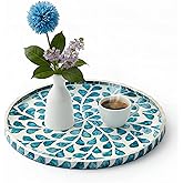 Chunful Mother of Pearl Round Serving Tray Wood Coffee Table Tray 10.4 Inch for Tea Breakfast Kitchen Cabinet(Teal Floral Style)