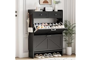 XIXINI Shoe Cabinet with 2 Flip Drawers & 2 Top Drawers, 43" Tall Freestanding Narrow Wooden Shoe Storage Organizer for Entryway, Hidden Slim Shoe Rack for Front Door Entrance, Hallway, Living Room, Black
