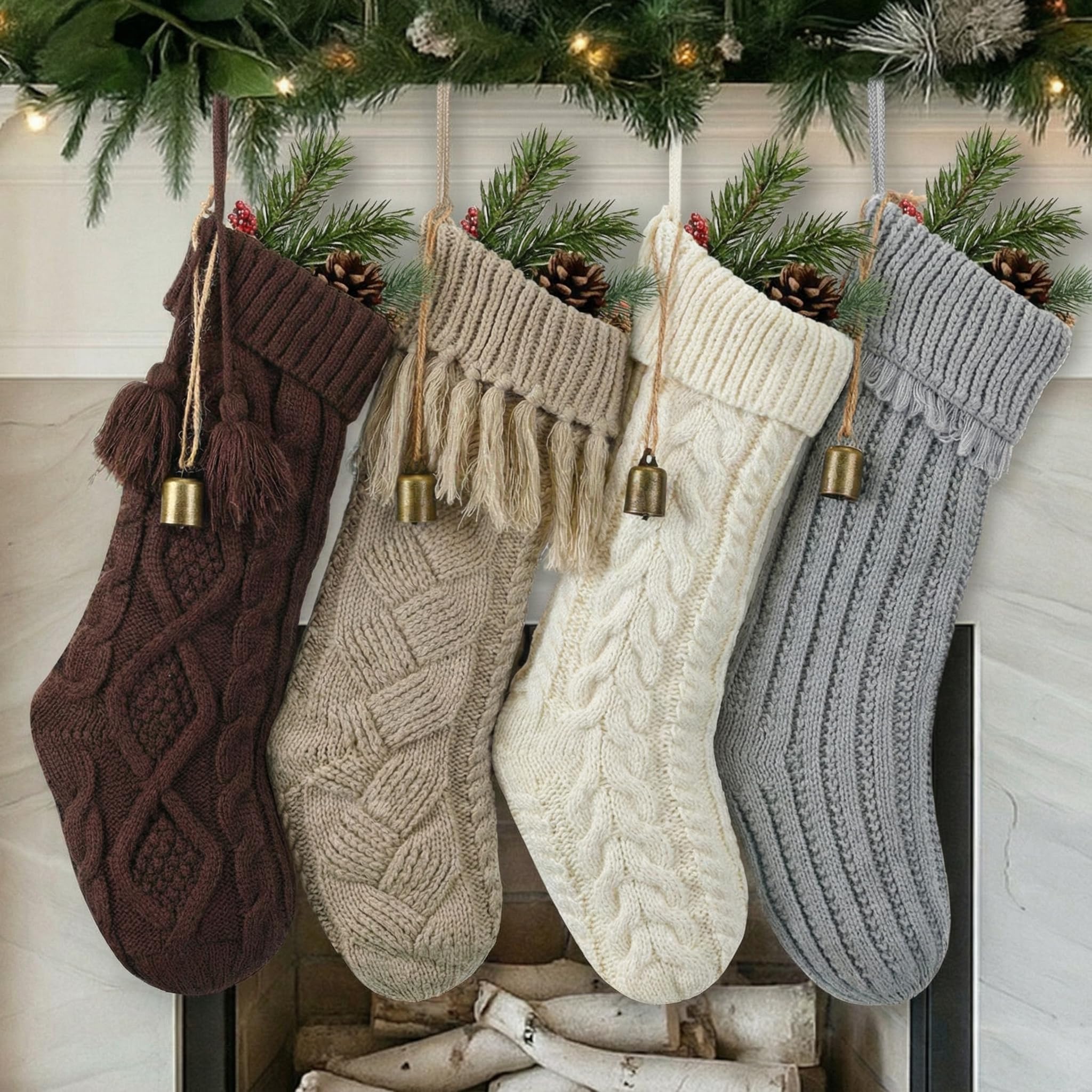 Photo 1 of Estune 4 Pack 18'' Boho Brown Christmas Stocking with Bells Cable knitted Christmas Stocking Large Neutral Farmhouse Vintage Xmas Hanging Decorations for Fireplace Family Holiday Decor(Muted)