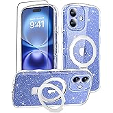 MIODIK for iPhone 16 Plus Case with Screen Protector, Built-in Seamless Stand and Upgraded Camera Protection, [Compatible with MagSafe] Clear Glitter Wave Phone Case for 16Plus - Clear + Kickstand