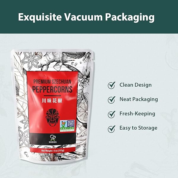 SOEOS SICHUAN PEPPERCORNS, 4 OUNCE(113G), AUTHENTIC SZECHUAN RED PEPPERCORN, NUMBING AND TINGLE EFFECT, LESS SEEDS, STRONG FLAVOR, ESSENTIAL FOR MAPO TOFU, KUNG PAO CHICKEN AND ASINE CUSINE