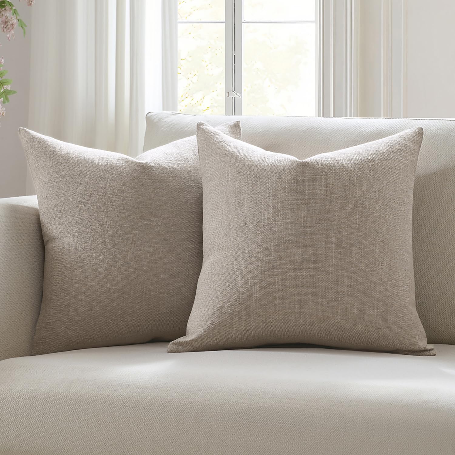 Photo 1 of Meekio Set of 2 Light Taupe Pillow Covers 18x18, Farmhouse Linen Decorative Throw Cushion Covers for Sofa Couch