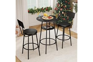Zevemomo 3 Pieces Round Bar Table Set, Small Dining Table for 2, Black Kitchen Bar Table, Breakfast Table with Storage, 2 Thickened Cushion Stools with Backrest for Dining Room & Bistro-Black