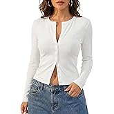 PrettyGuide Women's Long Sleeve Crop Tops Ribbed Cotton Button Down Cardigan Y2K Slim Fit Going Out Tops Casual Tees