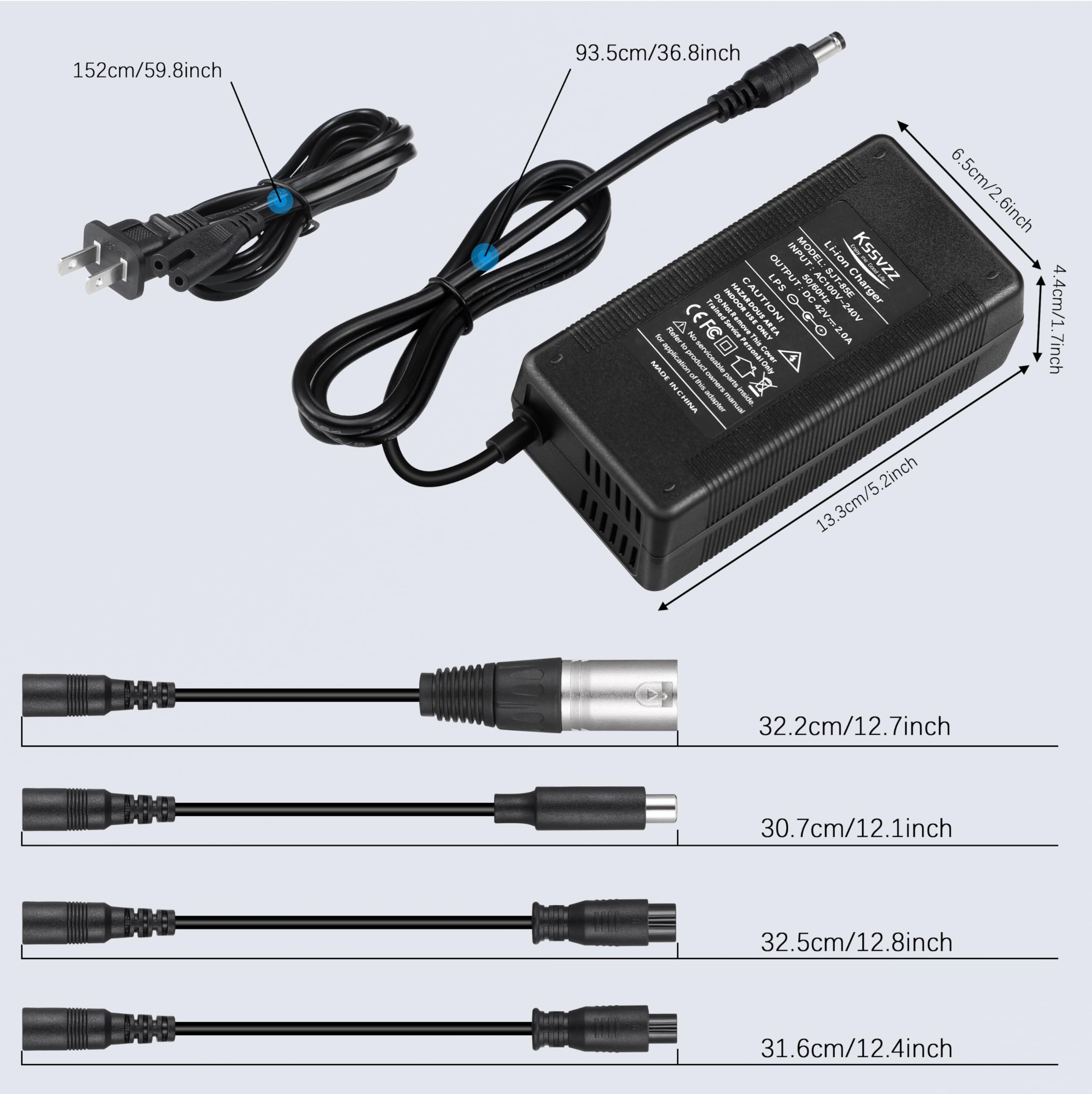 42V 2A Fast Battery Charger with Cooling System - 5 Plugs Universal Replacement Charger for 36V Lithium Battery, Compatible with Jetson, Gotrax, Razor, Ninebot, Segway, Swagtron, Hiboy