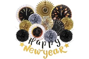 SUNBEAUTY New Years Eve Party Supplies 2026, Happy New Year Decorations Black Gold Hanging Paper Fans Tissue Pom Poms Happy New Year Banner for 2026 New Year Party Favor Supplies Decorations