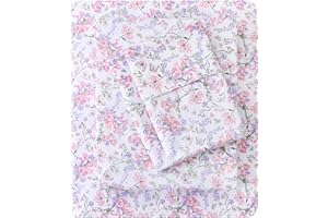 Mooreeke Cozy Vintage Microfiber Printed Queen Sheet Set - Soft Breathable Percale Cotton Floral Bed Sheets with Deep Pocket - Non-Slip Fitted Design - Pink Purple Flowers Pattern