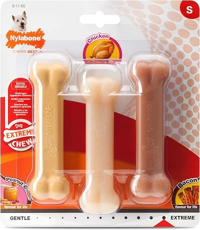 Nylabone Extreme Tough Dog Chew Toy Bones Peanut Butter Chicken Bacon 3-Piece