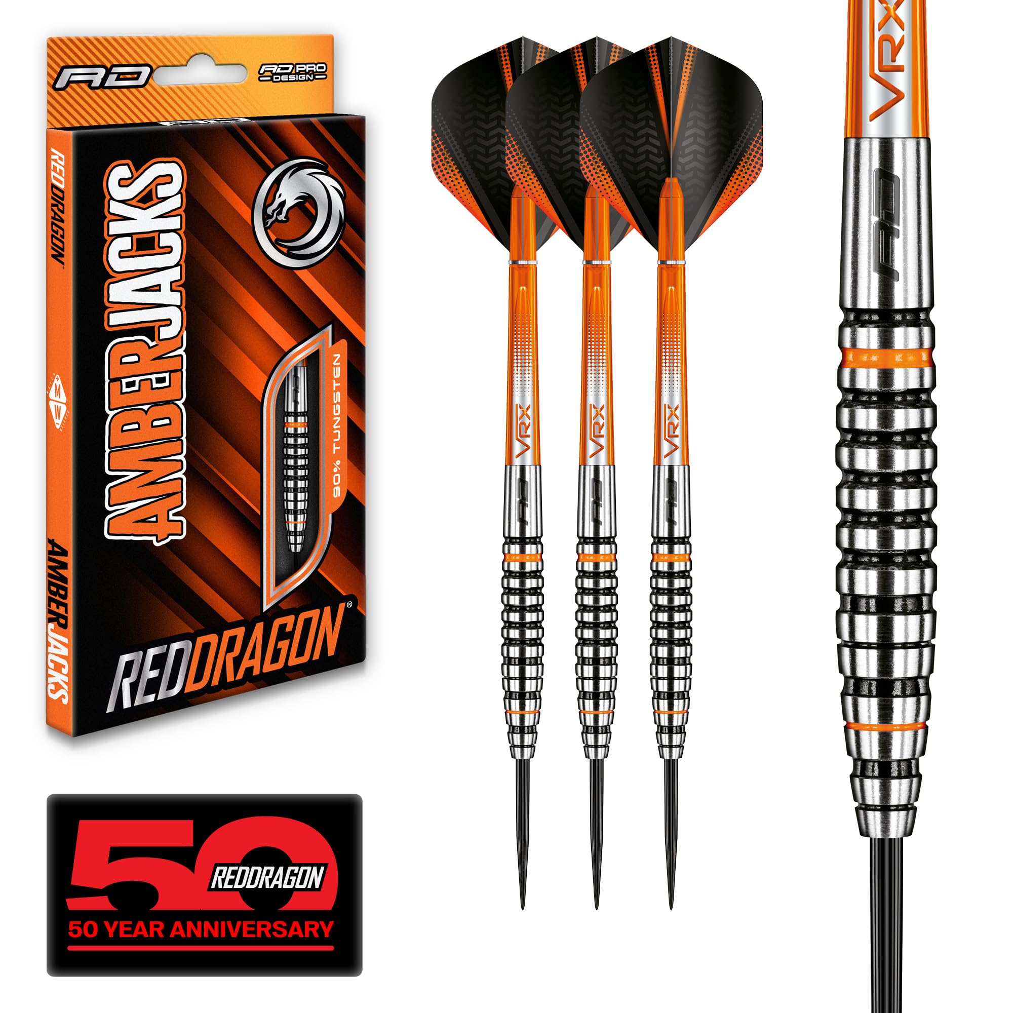 RED DRAGON Darts – Amberjack 14 Series 27g Steel Tip Dart Set with Dart Flights and Dart Shafts (Stems)