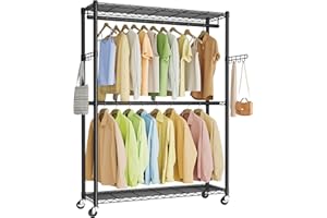 SONGMICS Heavy-Duty Rolling Clothes Rack, Garment Rack, Portable Closet on Wheels, with Adjustable Mesh Shelves and Hanging R