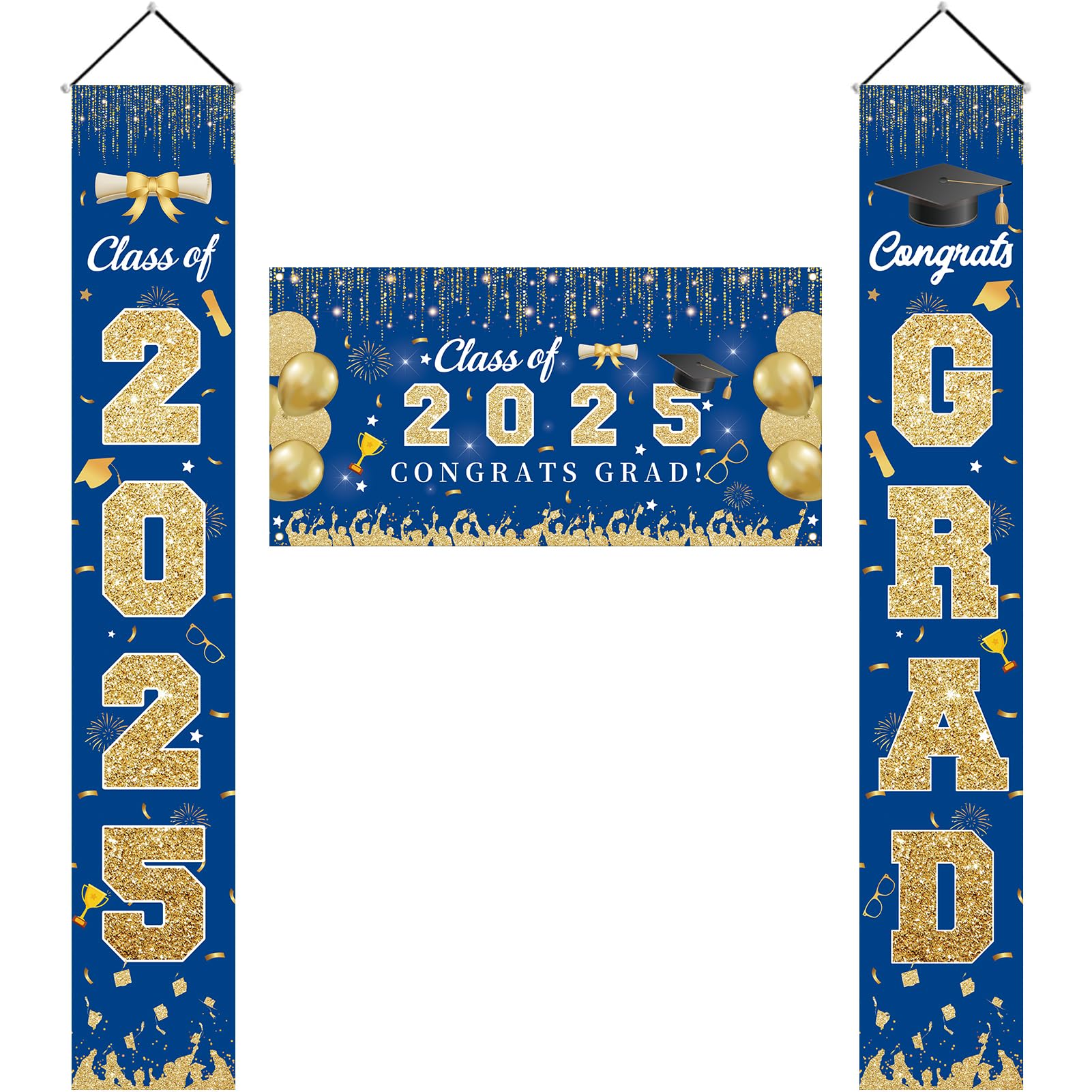 Photo 1 of Blue and Gold Graduation Decorations Class of 2025 Congrats Grad Banner for Door and Porch Sign Hanging Congratulations Graduate Party Backdrop Supplies Outdoor Wall Decor Polyester Fabric