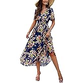 Krumba Women Floral Boho Dress: Summer Ruched Maxi for Wedding Guest - Casual V-Neck Short Sleeve Midi for Beach Party Church