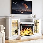 OneBlis 59'' TV Stand, 3 Sided Glass Media Entertainment Center Console Table for TVs up to 65'' with Glass Door, Adjustable Flame LED Color for Living Room, White