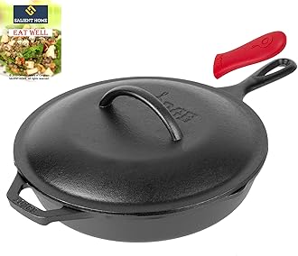 Lodge 10.25 Inch Cast Iron Skillet with Cover, Pre Seasoned Cookware, Frying Pan, Ready for Stovetop, Oven or Camp Cooking, Pan is Grill and Induction Safe, Bundle Includes Salient Home Cookbook