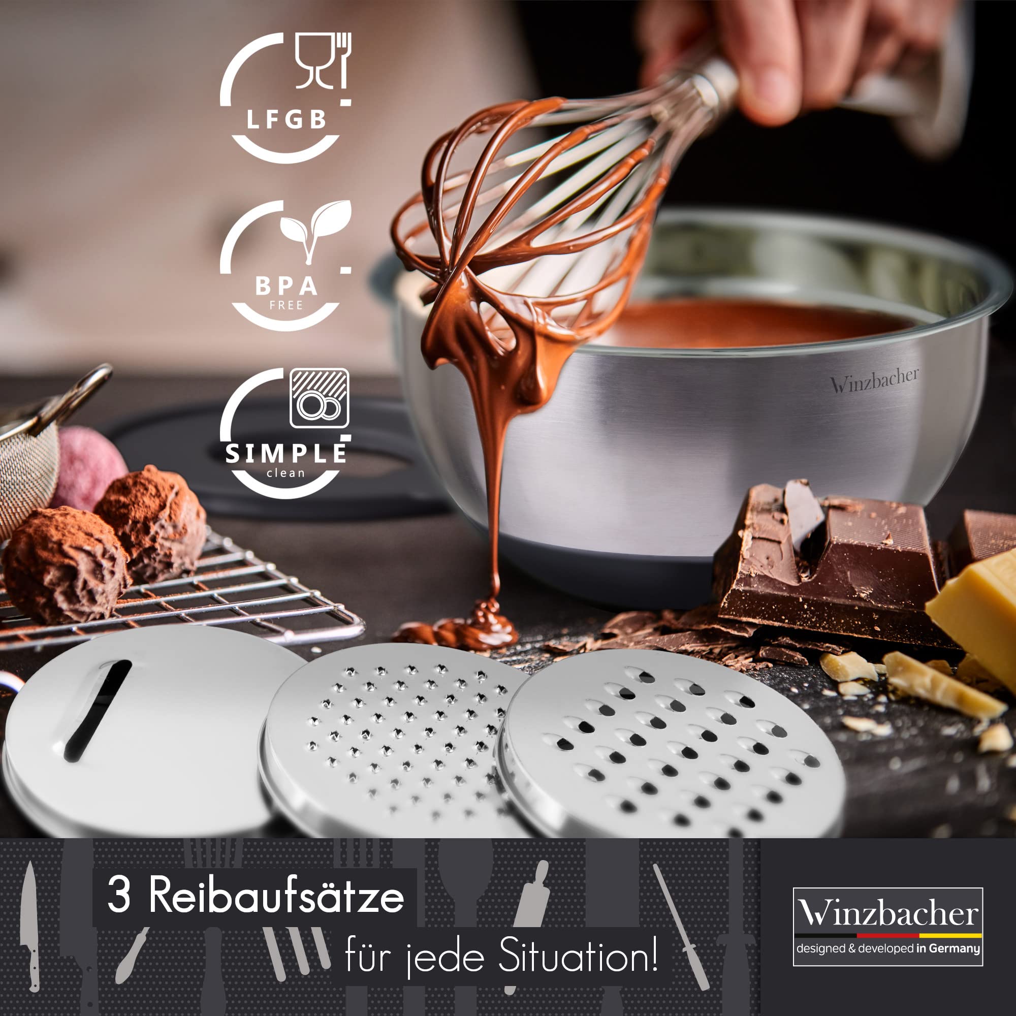 Winzbacher Edelstahl Schüssel mit Deckel [5er Set] 1l + 1.5l + 2.5l + 3.5l + 4.5l | Rührschüssel, Salatschüssel, Schüsselset, | rutschfest | stapelbar | inkl. Reibe 4