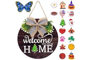 SNILOAW Interchangeable Welcome Sign Wreaths for Front Door - Seasonal Round Wood Door Sign, Farmhouse, Porch Wall Outdoor Hanging for Thanksgiving, Halloween, Christmas，Fall New Home Housewarming Gift Ideas