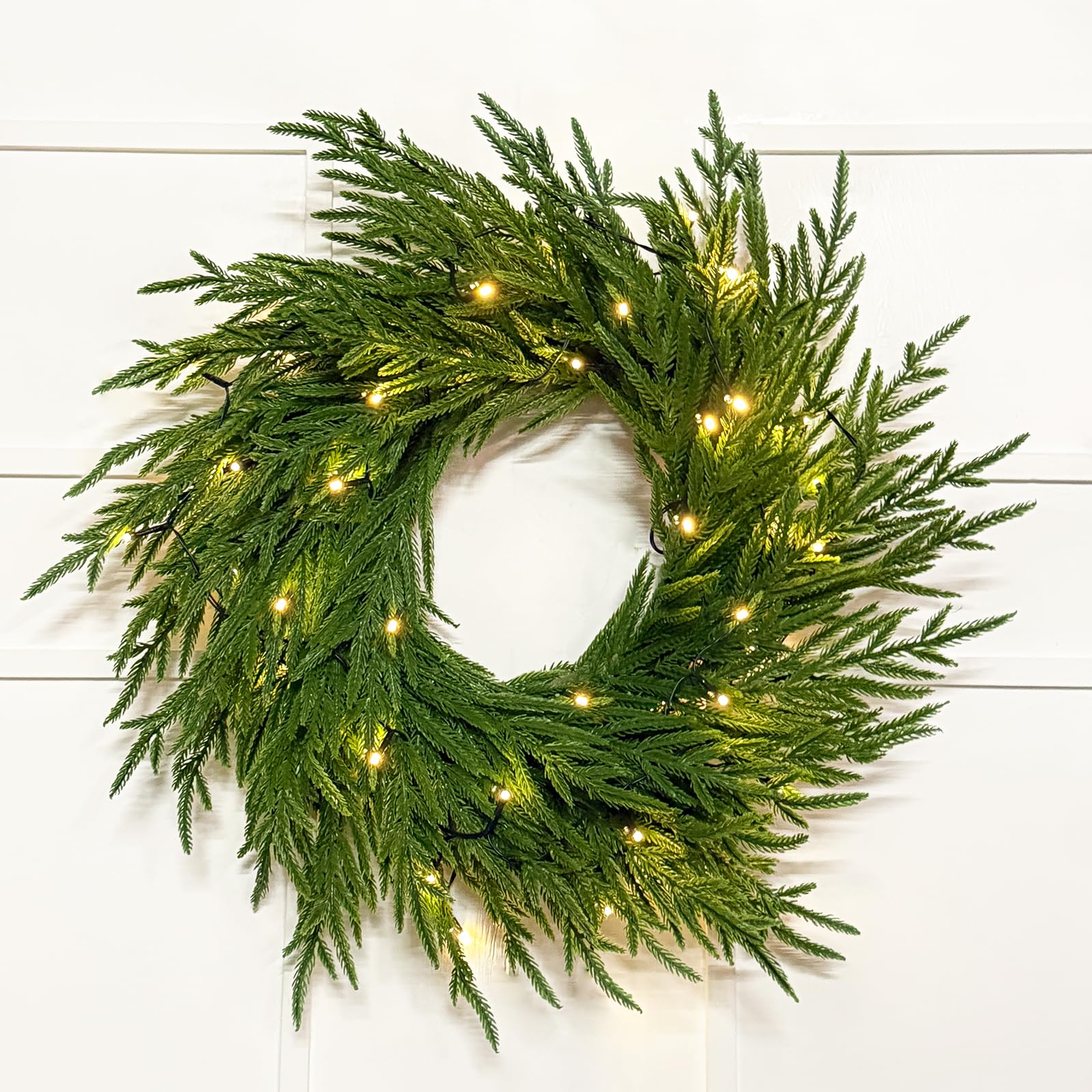 Photo 1 of 24" Lighted Norfolk Pine Wreath, Thick and Soft, Timer and 8 Modes, Artificial Christmas Wreaths for Front Door 50 LED 70 Pine Branches Christmas Door Wreath for Wall Window Indoor Outdoor Home Decor