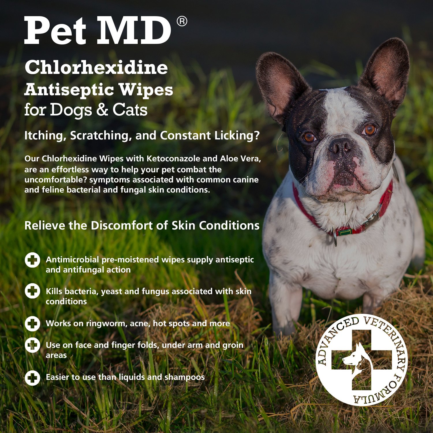 Pet MD Chlorhexidine Wipes with Ketoconazole and Aloe for Cats and Dogs