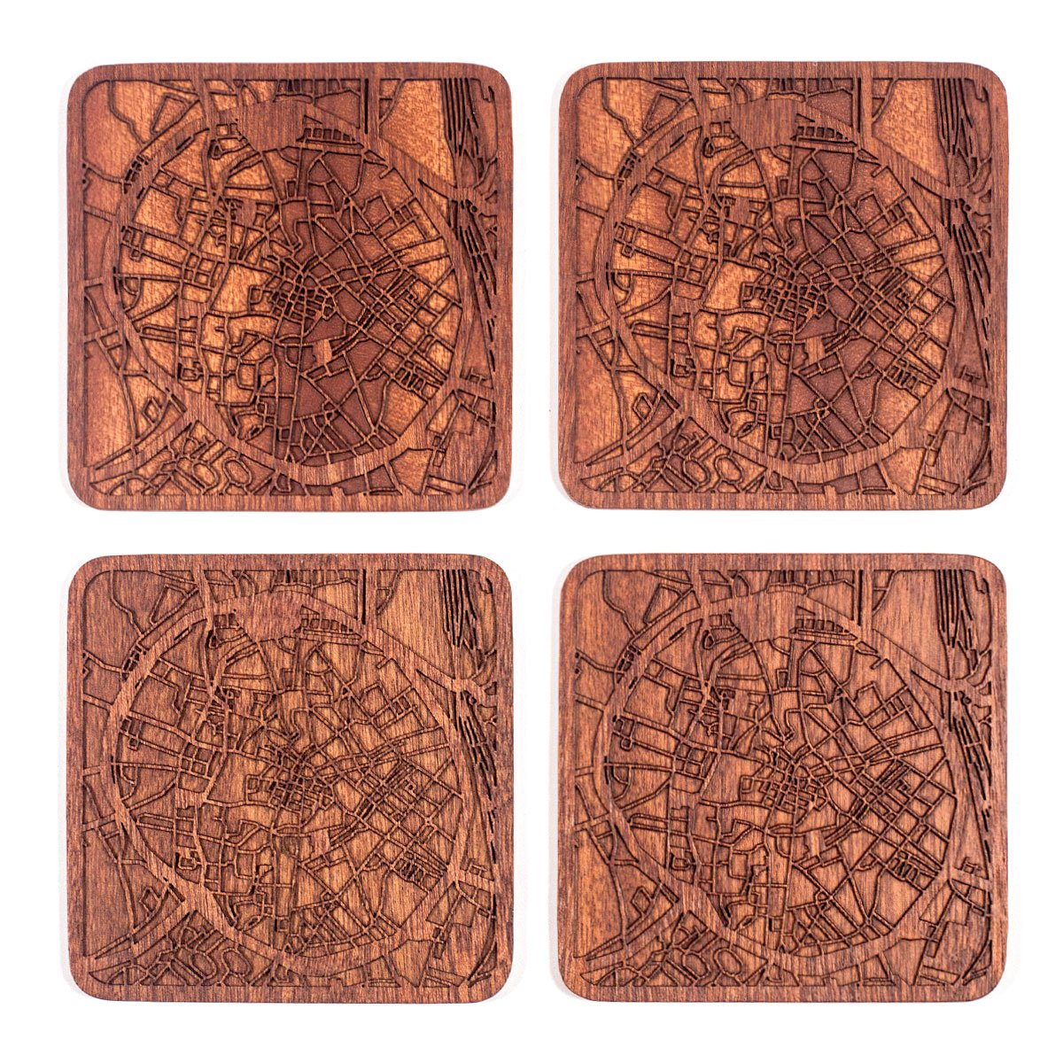 Leuven Map Coaster, Set of 4, Sapele Wooden Coaster with City Map, Handmade