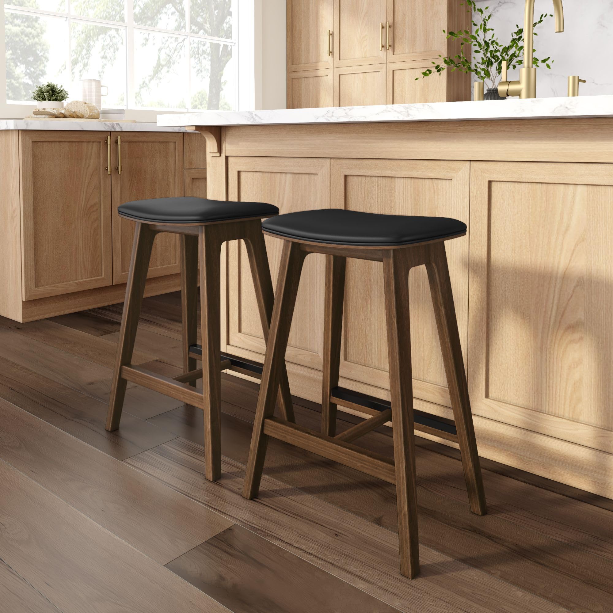 Photo 1 of **FOR PARTS/ DAMAGED*** Plank+Beam Beryl Counter Height Stool - Mid-Century Modern Rubberwood Bar Stool with Faux Leather Seat, Metal Footrest, Easy Assembly, 2-Pack, Walnut/Black