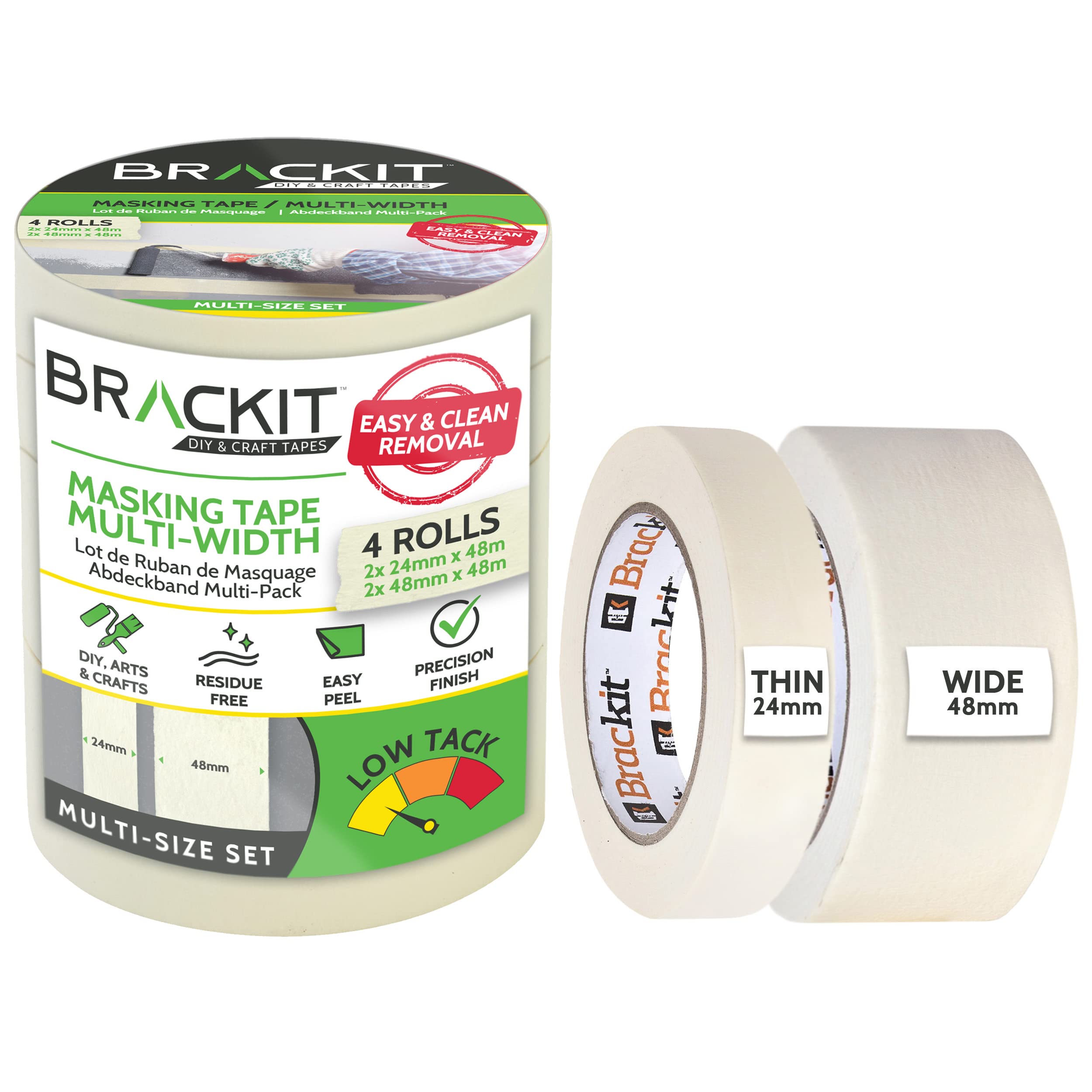 brackit Multi Size White Masking Tape; Pack of 4 x 48m; 2 x 24mm and 2 x 48mm – Easy Removal For Painting & Decorating or Arts