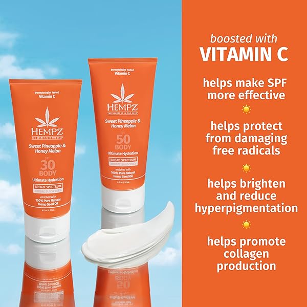 HEMPZ DAILY BODY SUNSCREEN SPF 50, SWEET PINEAPPLE AND HONEYMELON, REEF SAFE, VEGAN, DERMATOLOGIST TESTED, 6 OZ