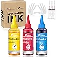 Hiipoo Sublimation Ink Refilled Bottles with Heat Tape Refill for ET2400 XP4105 XP4100 ET2720 ET2760 ET2750 Inkjet Printers Heat Press Transfer on Mugs T-Shirts （CMY）