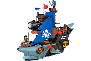 Fisher-Price Imaginext Shark Bite Pirate Ship Playset with 2 Action Figures & Toy Boat with Biting Jaws and Launcher, 12 Acce