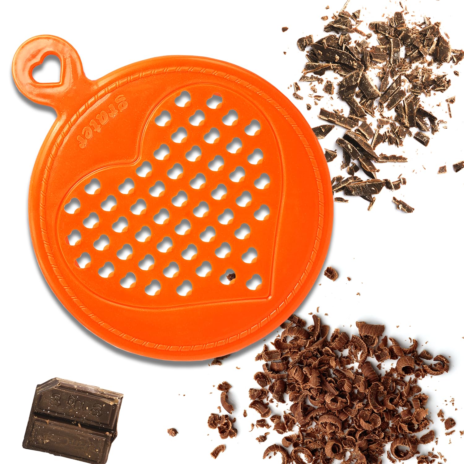 Leddy Living Grater for Chocolate Flakes and Curls. Coarse Grater and Plastic Material Anti-Overheating Chocolate, Zester for Fondant, Also for Vegetables, Fruits and Cheeses (Orange)