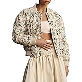 TUREAU Women’s Floral Bomber Jacket Cropped Zipper Down Long Sleeve Daisy Padded Coat Outwear with Pockets