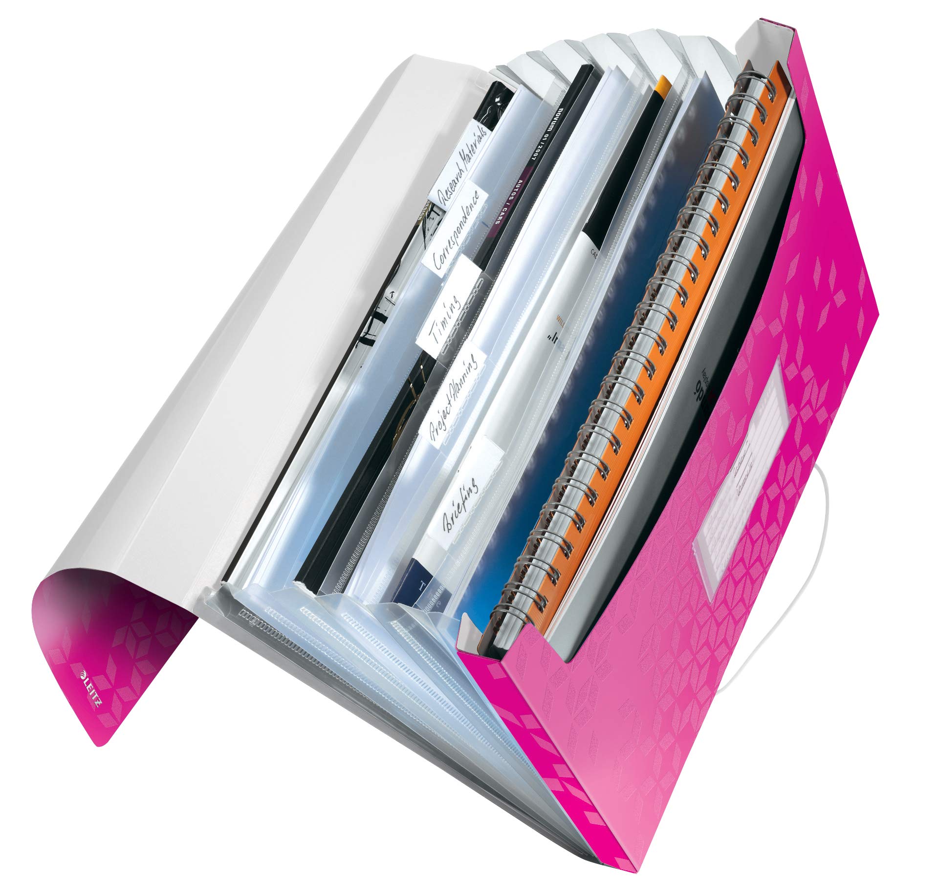 Leitz A4 Expanding File with 6 Compartments, Elastic Band Fastener, Metallic Pink, WOW Range, 45890023