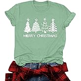 PICKID Christmas Shirts for Women: Merry Christmas Tree Graphic Tshirt Xmas Vacation Short Sleeve Tee Tops