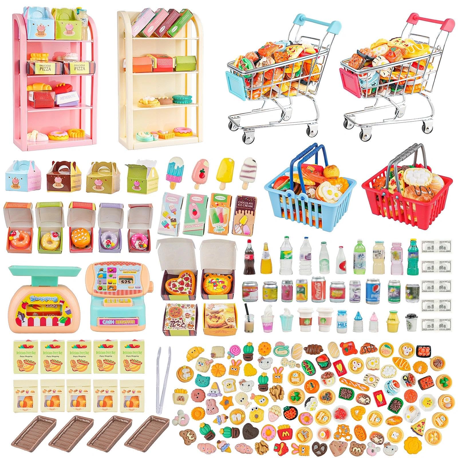 Photo 1 of 196Pcs Mini Shopping Cart Basket Trolley Grocery Game Model Miniature Drink Bottle Food Pizza with Box Supermarket Metal Handcart Toy Doll House Store Cosplay Pretend Kitchen Shelf Cash Register