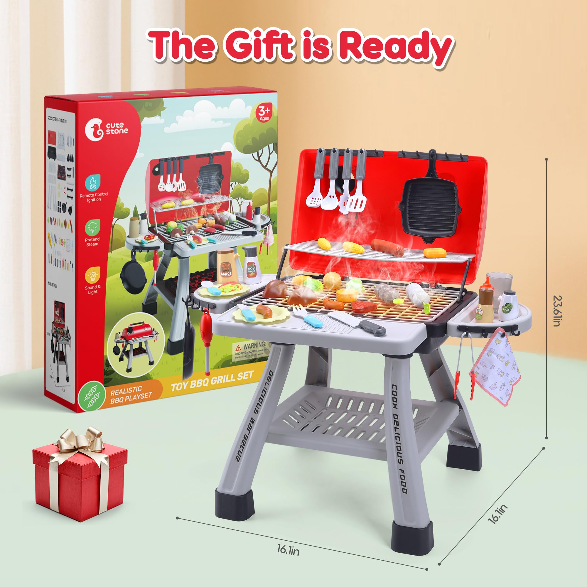 CUTE STONE Kinder BBQ Grill Spielzeug, Küche Spielzeug Set, Realistische Rauch BBQ Grill Spielset mit Spielzeug Küche Zubehör,Barbecue per Bambini Rosa 6