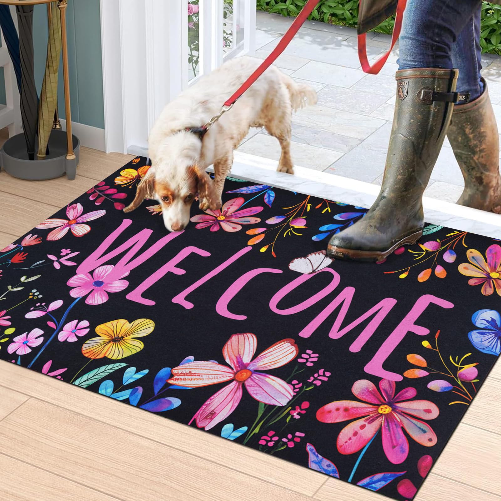 Photo 1 of Likiyol Floral Door Mat Colorful Flowers Doormat Outdoor Entrance, Non Slip Welcome Front Door Mat with Rubber Backing for Front Door, Entryway, Washable, Low Profile, Absorbent, 18'' x 30''