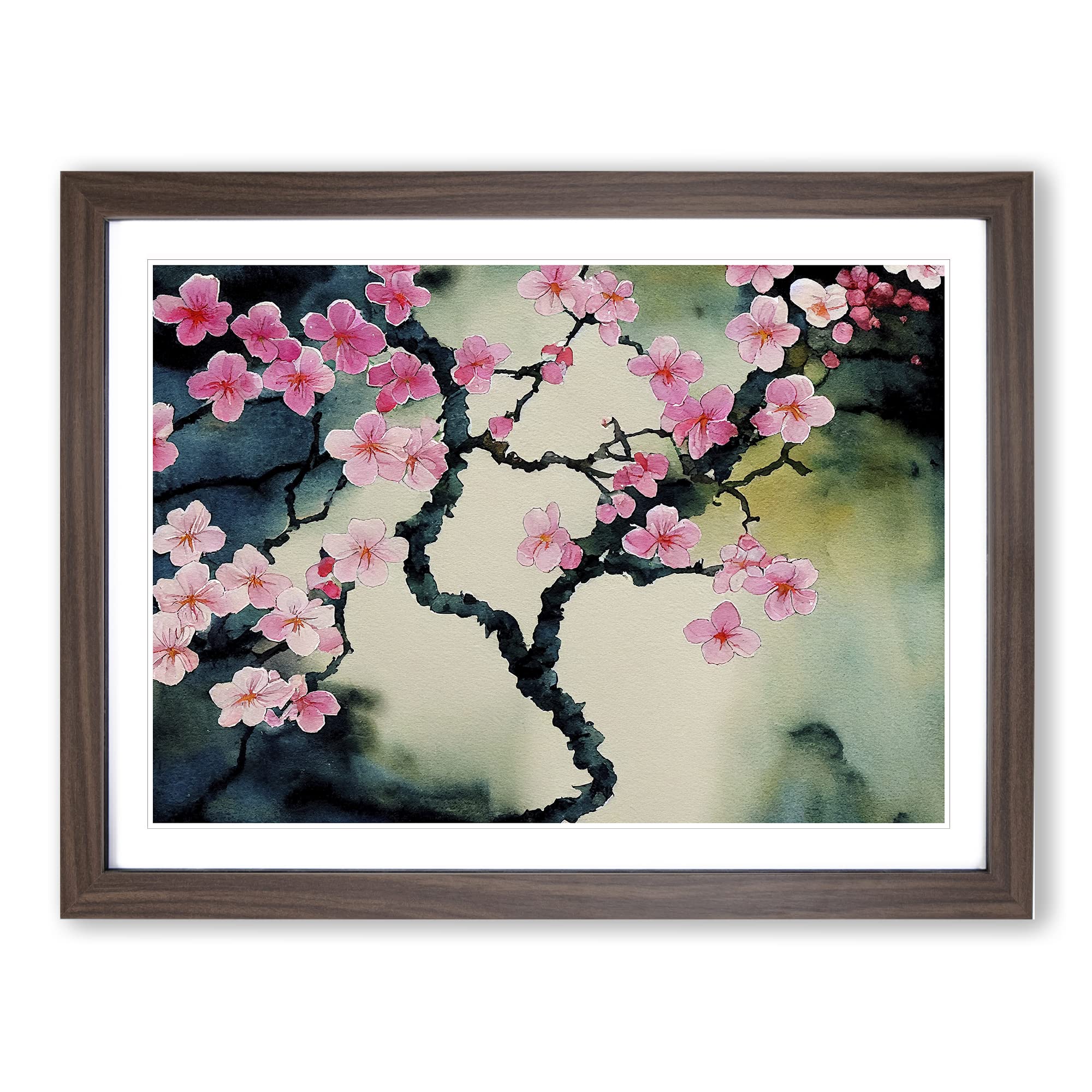 Cherry Blossom Watercolour Flowers Vol.5 Framed Print | A4 Walnut Framed Wall Art | Ready to Hang | Modern Floral Picture | Living Room Bedroom Lounge Office