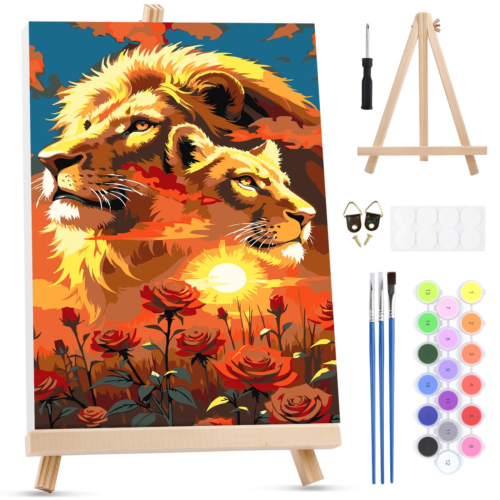 MXJSUA Lion Paint by Numbers Kit with Frame for Adults, Animal Easy Beginners Paint by Number on Canvas with Easel, Acrylic Number Painting Craft Gifts for Home Decor, 20x30cm