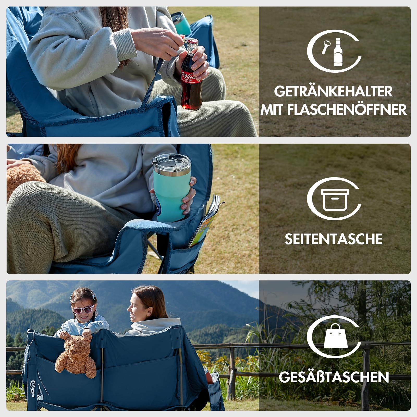 Portal Campingstuhl faltbar Campingsofa für 2 Personen 272kg belastbar Super Weich mit Lagerungstasche Doppel Klappstuhl Faltsofa Dick Gepolstert Hohe Rückenlehne für Outdoor Garten Balkon 7