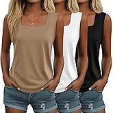Huukeay 3 Pack Summer Women's Tank Tops Cotton Sleeveless Shirt Loose Fit Square Neck Tank Top with Side Slits(Black, White, Khaki,X-Large)