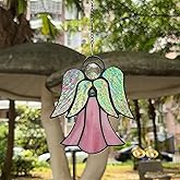 Stained Glass Angel Window Hanging Pink Angel Sun Catcher Handmade Home Ornament Decor Thank You Mother Gifts for Family,Friends,Nurse,Memorial