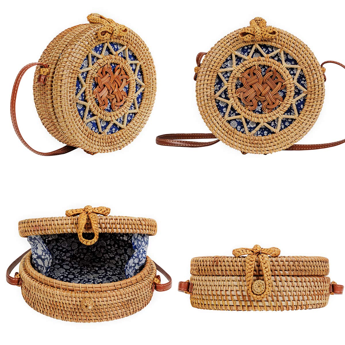 Handwoven Round Rattan Bag for Women Lefur Handmade Shoulder Straw Bag Crossbody Purse with Handles Hollow-Carved