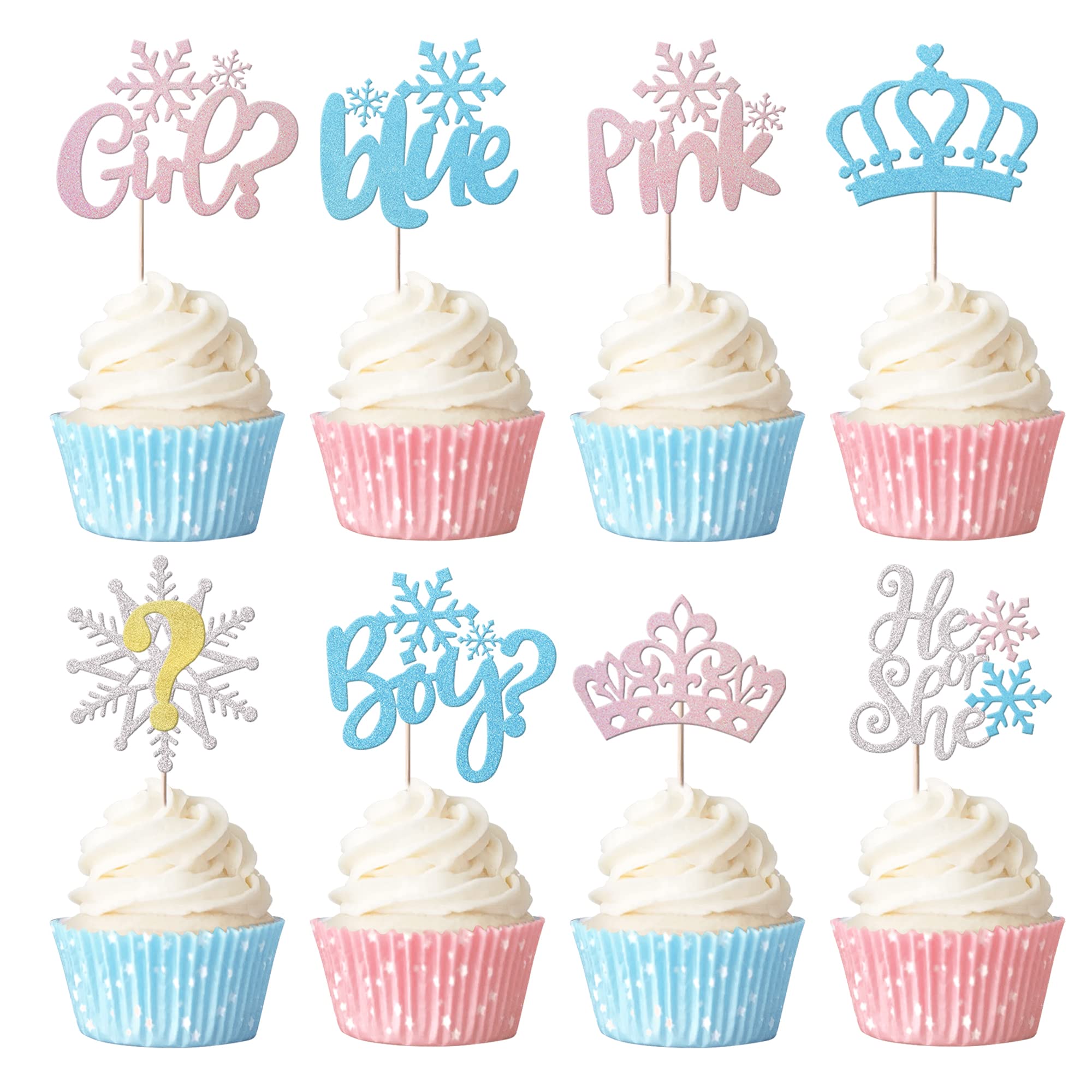Xsstarmi 32 Pack Snowflake Boy or Girl Cupcake Toppers Glitter Blue or Pink Cupcake Picks Crown Cake Decoration for Gender Reveal Theme Baby Shower Birthday Christmas Party Decorations