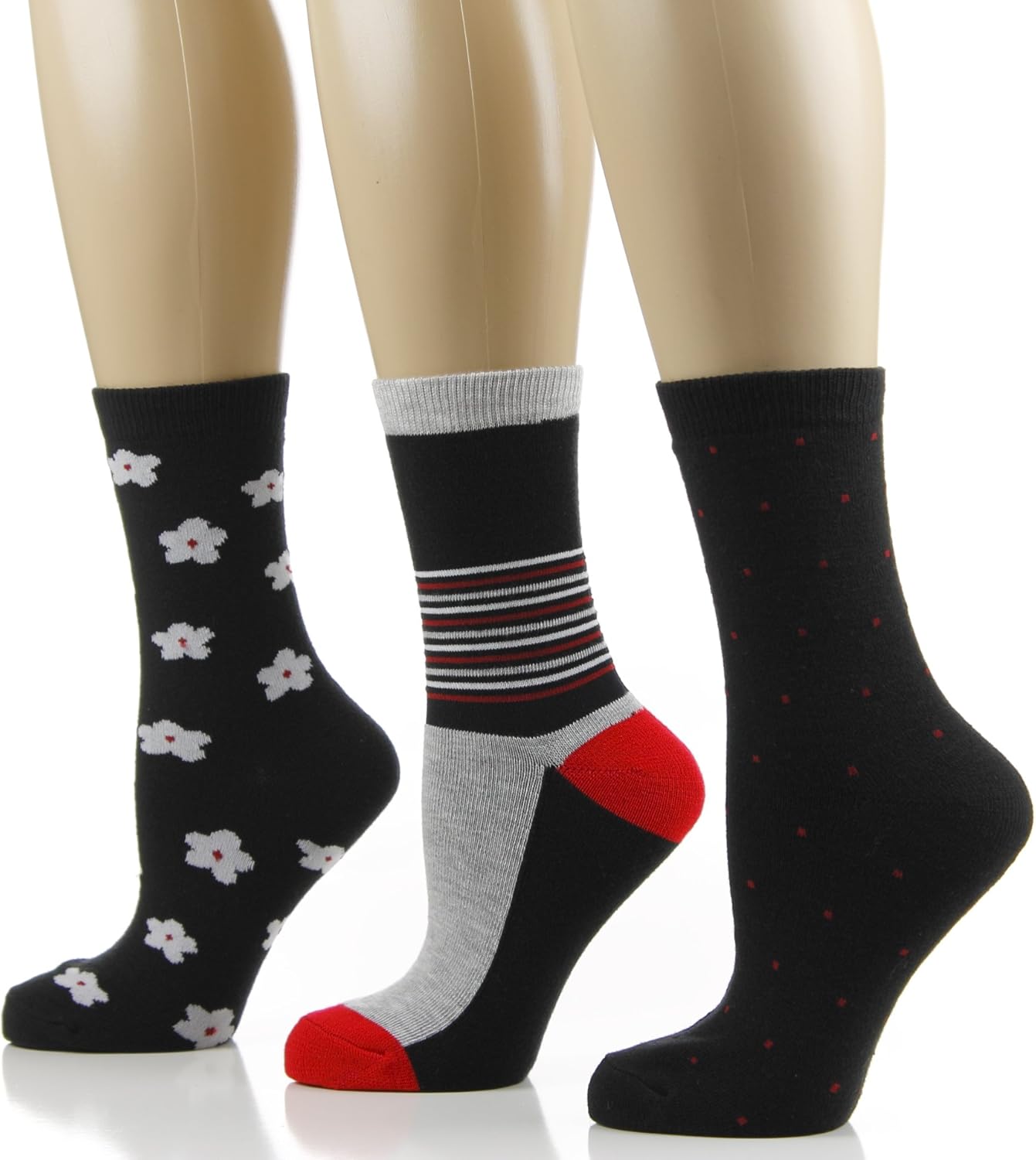 Women's Crew Socks 3 PK Size 911 Floral/Stripe (Black/Gray/Red