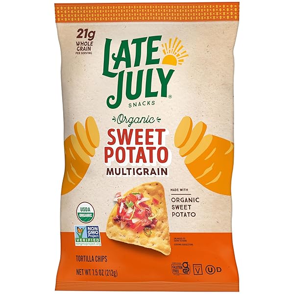 LATE JULY SNACKS, ORGANIC MULTIGRAIN SWEET POTATO TORTILLA CHIPS, 7.5-OZ. BAG