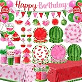 Watermelon Party Decorations Summer Fruit Party Supplies Red Green Pink Watermelon Plates ,Napkins, Forks, Balloons, Banner, Cupcake Toppers,Tablecloth for One in a Melon Birthday Party Serves 24