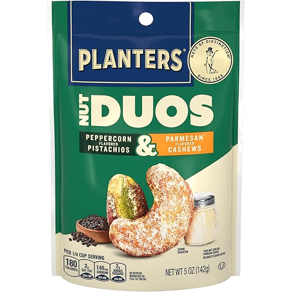 PLANTERS NUT DUOS, FLAVORED NUTS, PEPPERCORN PISTACHIOS & PARMESAN CASHEWS 5OZ